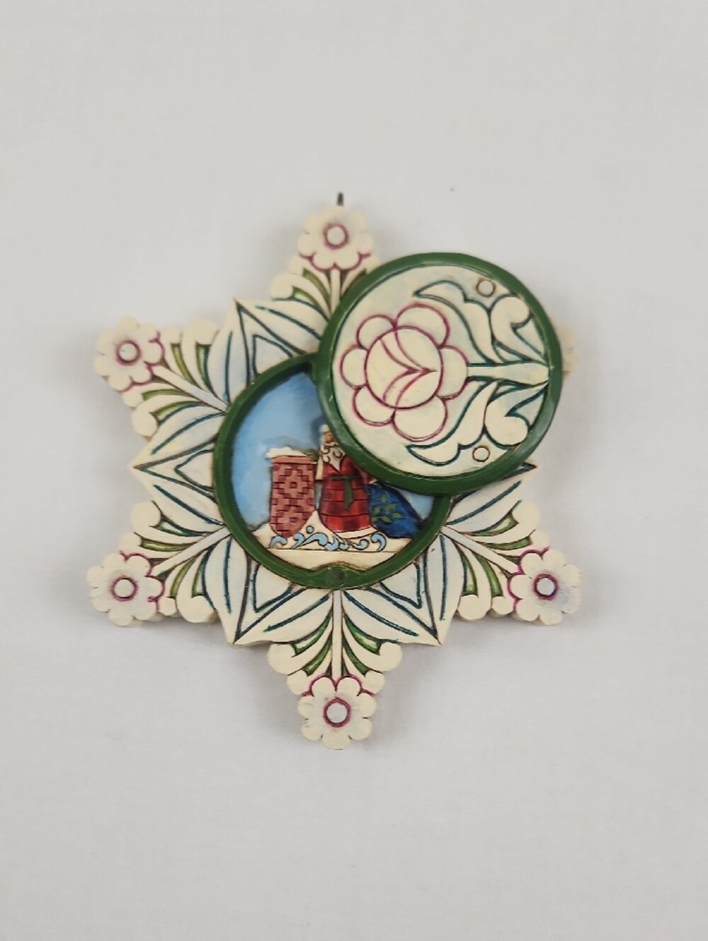Hand-Painted Floral Folk Star Holiday Ornament - Cream & Green, Santa Chimney